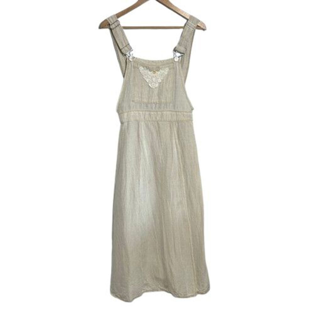 VTG Karen Alexander Pinafore Overall Maxi Dress 10 Linen Flax Blend Tan Mori Kei